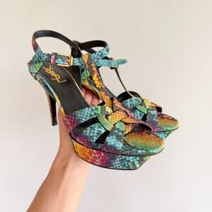 YSL Yves Saint Laurent Tribute Platform Sandal Multicolor Python Leather Pumps